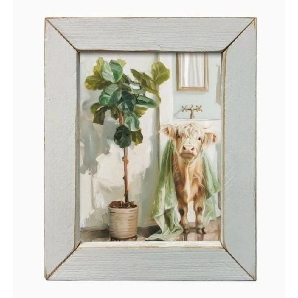 Highland Cow Bathroom Framed‎ Picture 10x12 Rustic Farmhouse White Green NEW